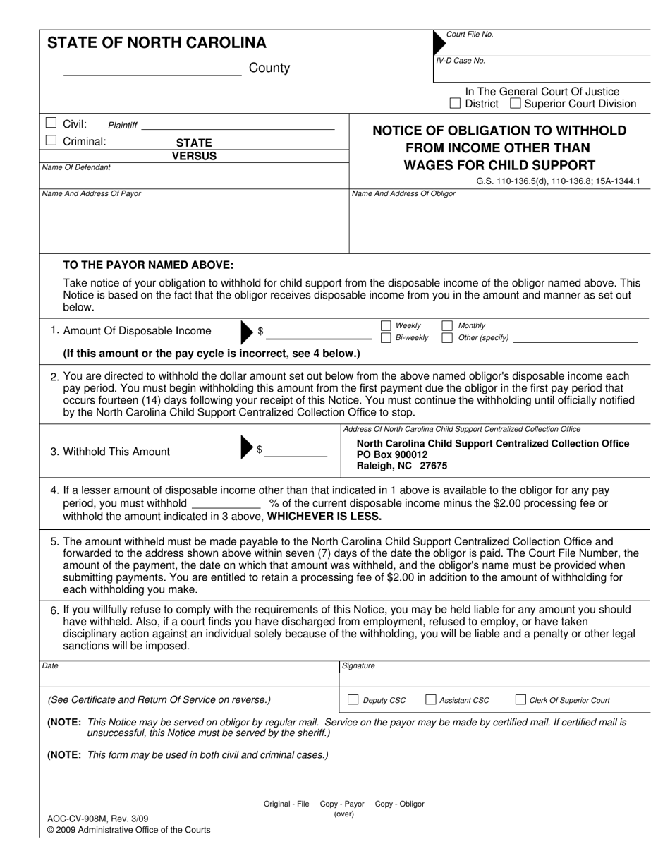 Form AOC-CV-908M Notice of Obligation to Withhold From Income Other Than Wages for Child Support - North Carolina, Page 1