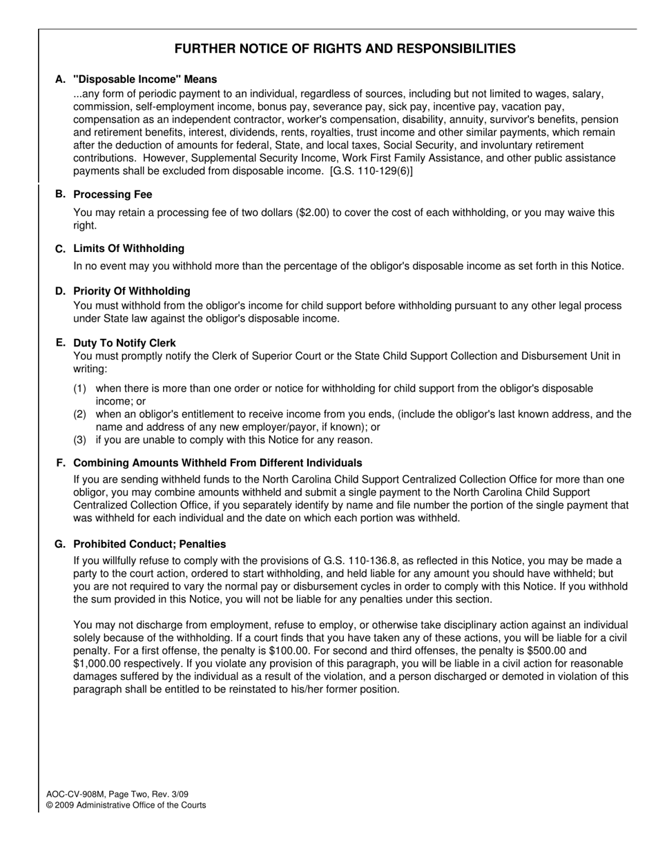 Form AOC-CV-908M Notice of Obligation to Withhold From Income Other Than Wages for Child Support - North Carolina, Page 3