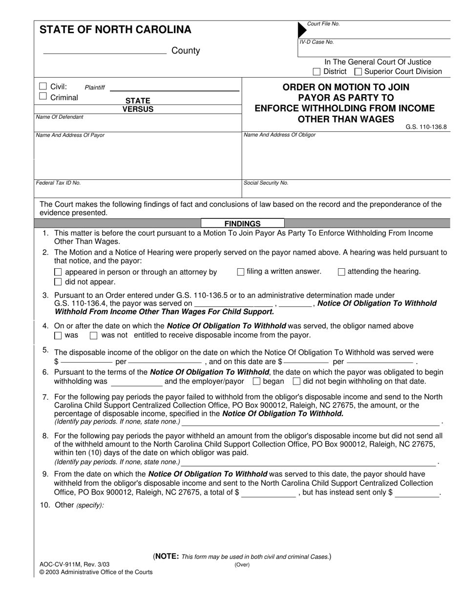 Form AOC-CV-911M Download Fillable PDF or Fill Online Order on Motion ...