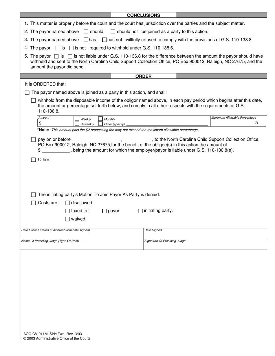 Form AOC-CV-911M Order on Motion to Join Payor as Party to Enforce Withholding From Income Other Than Wages - North Carolina, Page 2