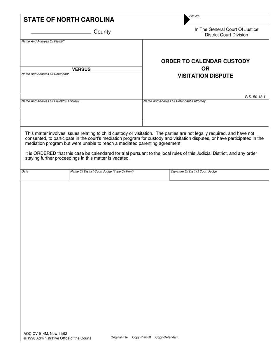 Form AOC-CV-941M Order to Calendar Custody or Visitation Dispute - North Carolina, Page 1