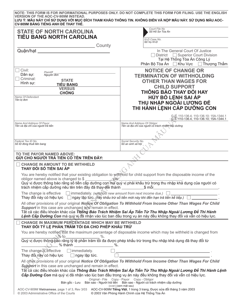 Form AOC-CV-909M VIETNAMESE Notice of Change or Termination of Withholding Other Than Wages for Child Support - North Carolina (English / Vietnamese), Page 1