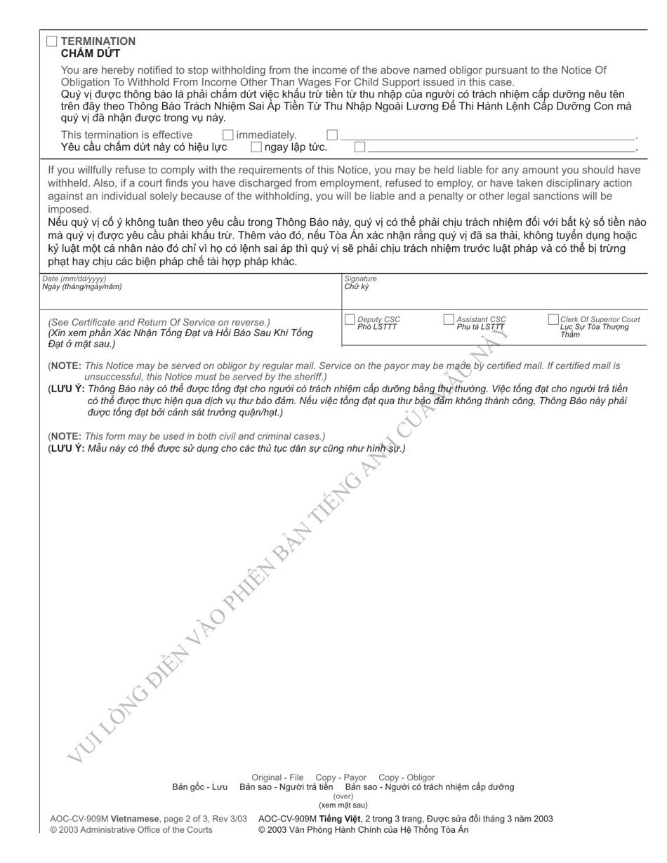 Form AOC-CV-909M VIETNAMESE Notice of Change or Termination of Withholding Other Than Wages for Child Support - North Carolina (English / Vietnamese), Page 2