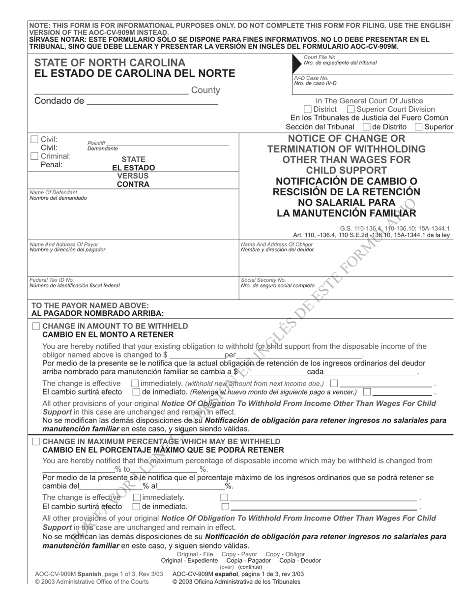 Form AOC-CV-909M SPANISH Notice of Change or Termination of Withholding Other Than Wages for Child Support - North Carolina (English / Spanish), Page 1