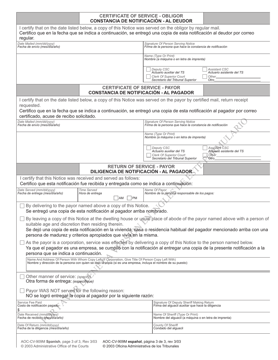 Form AOC-CV-909M SPANISH Notice of Change or Termination of Withholding Other Than Wages for Child Support - North Carolina (English / Spanish), Page 3