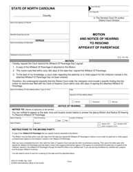 Form AOC-CV-916M Motion and Notice of Hearing to Rescind Affidavit of Parentage - North Carolina