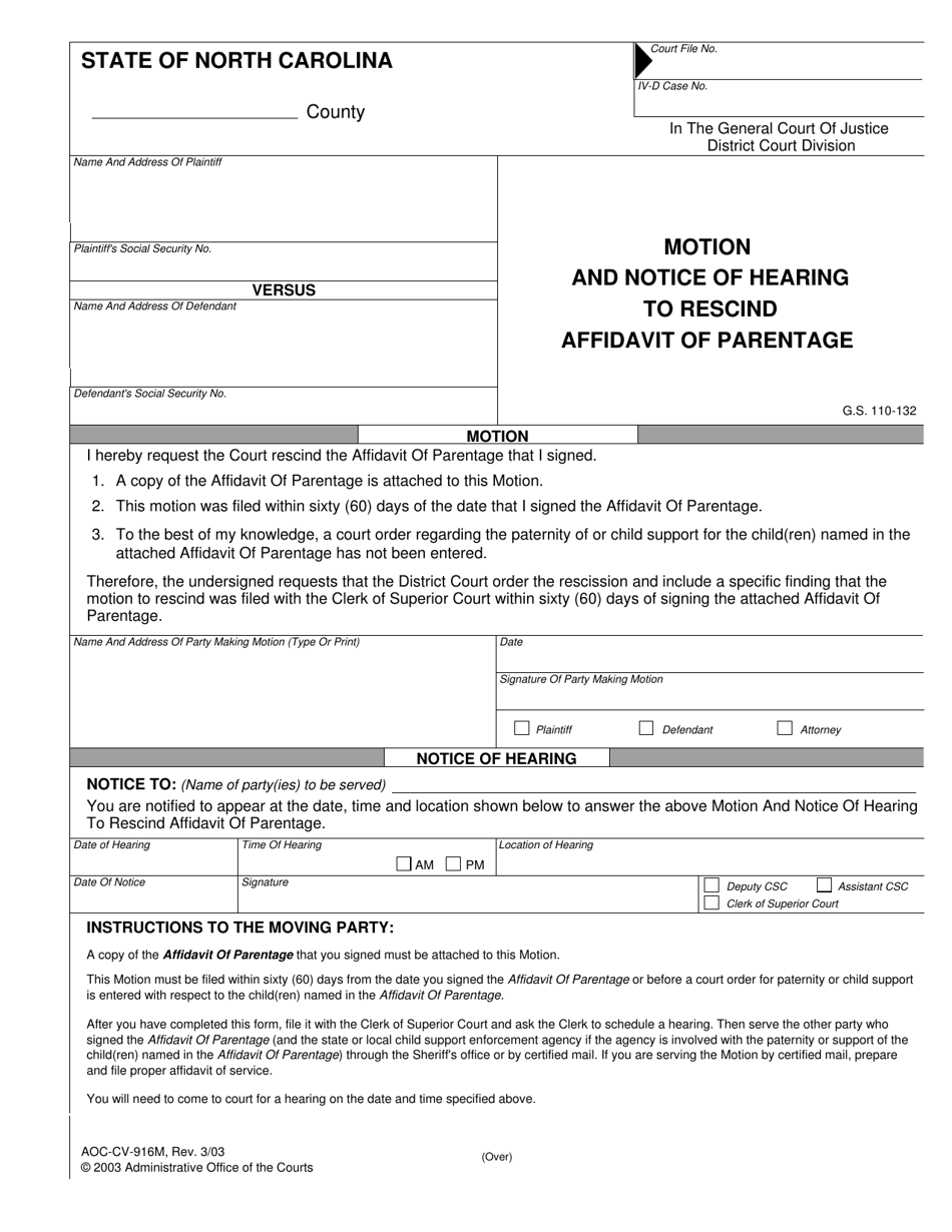 Form AOC-CV-916M Motion and Notice of Hearing to Rescind Affidavit of Parentage - North Carolina, Page 1