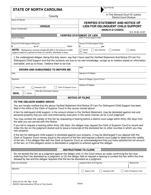 Form AOC-CV-917M Verified Statement and Notice of Lien for Delinquent Child Support (Non-IV-D Cases) - North Carolina
