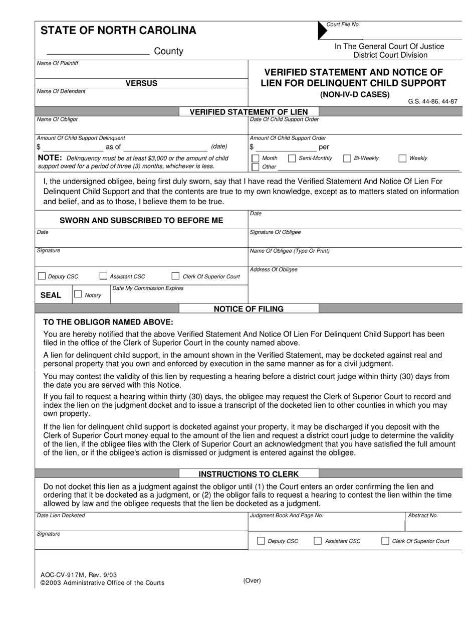 Form AOC-CV-917M Verified Statement and Notice of Lien for Delinquent Child Support (Non-IV-D Cases) - North Carolina, Page 1