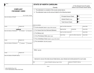 Form AOC-CVM-200 Complaint for Money Owed - North Carolina