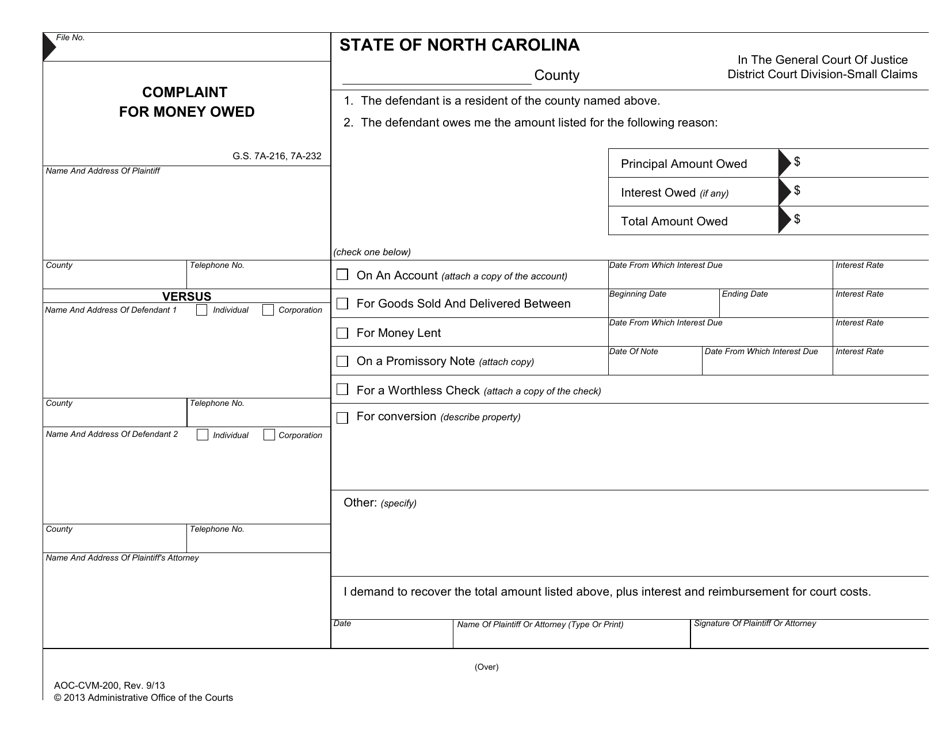 Form AOC-CVM-200 Complaint for Money Owed - North Carolina, Page 1