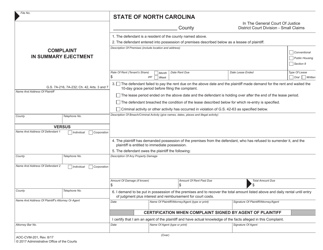 Document preview: Form AOC-CVM-201 Complaint in Summary Ejectment - North Carolina
