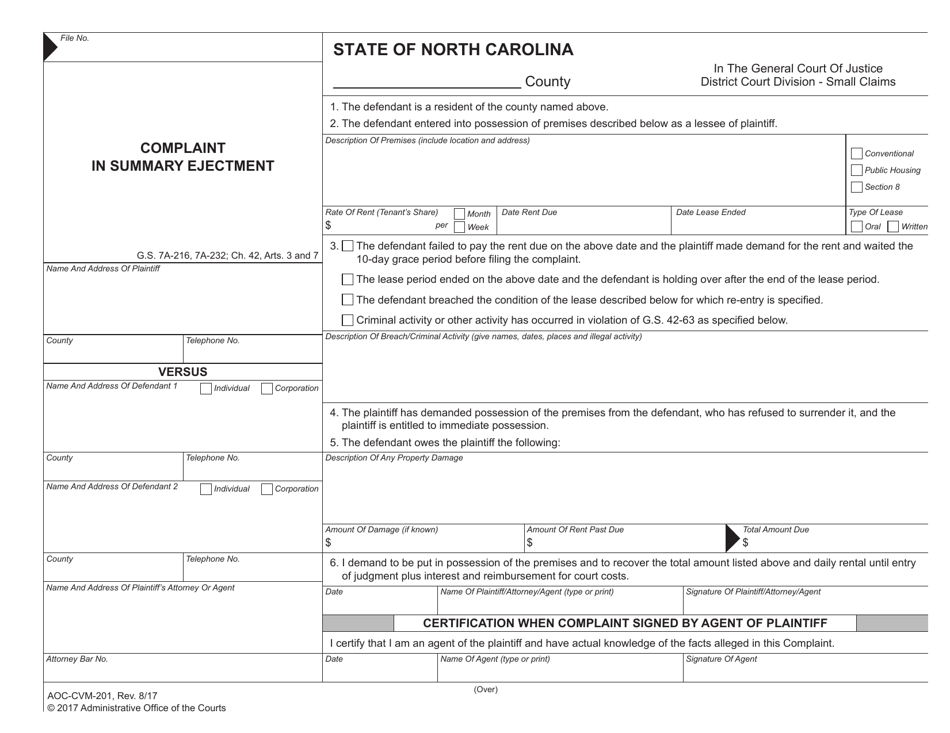Form AOC-CVM-201 Complaint in Summary Ejectment - North Carolina, Page 1