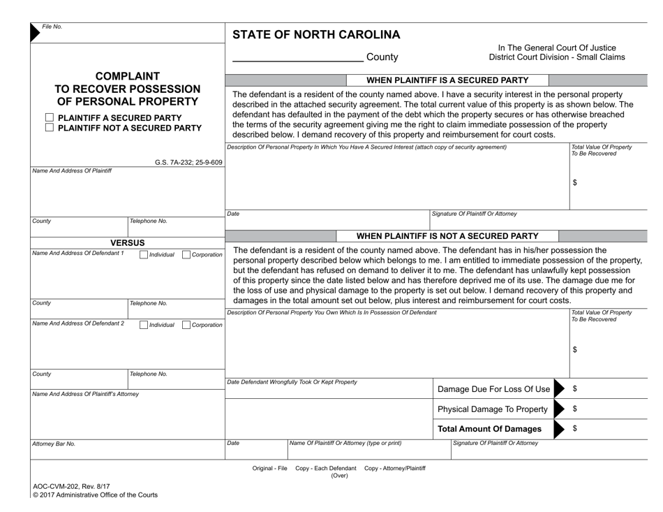 Form AOC-CVM-202 Complaint to Recover Possession of Personal Property - North Carolina, Page 1