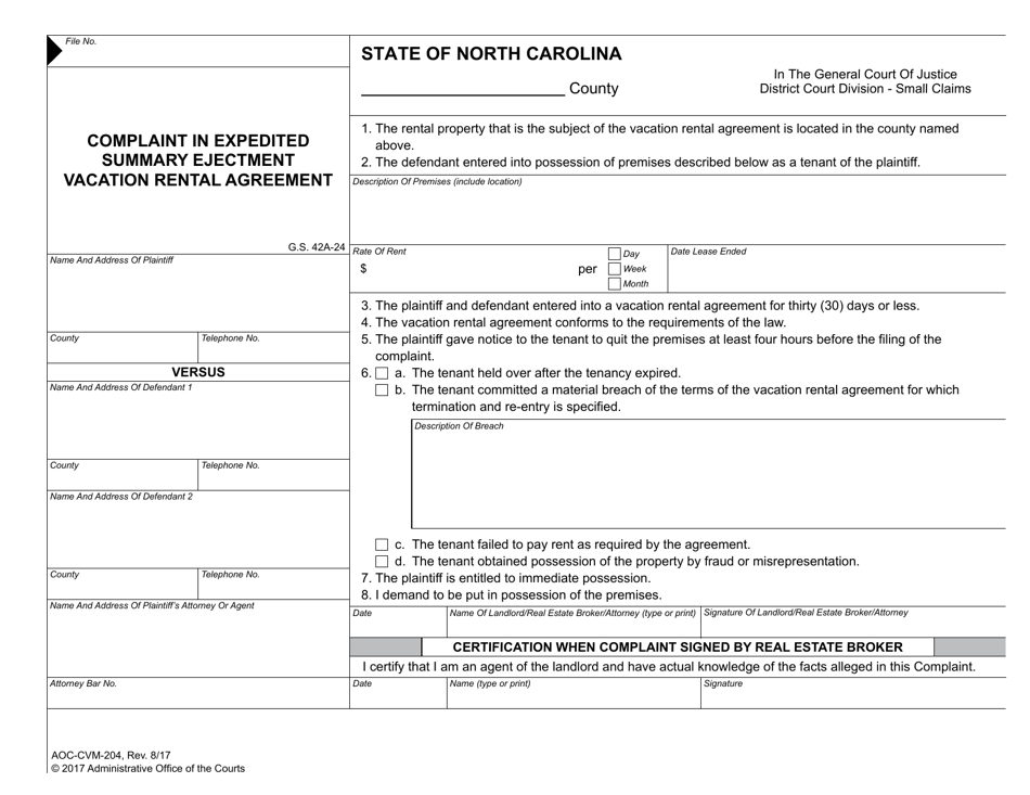 Form AOC-CVM-204 Complaint in Expedited Summary Ejectment Vacation Rental Agreement - North Carolina, Page 1