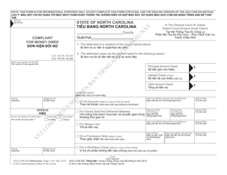 Document preview: Form AOC-CVM-200 VIETNAMESE Complaint for Money Owned - North Carolina (English/Vietnamese)