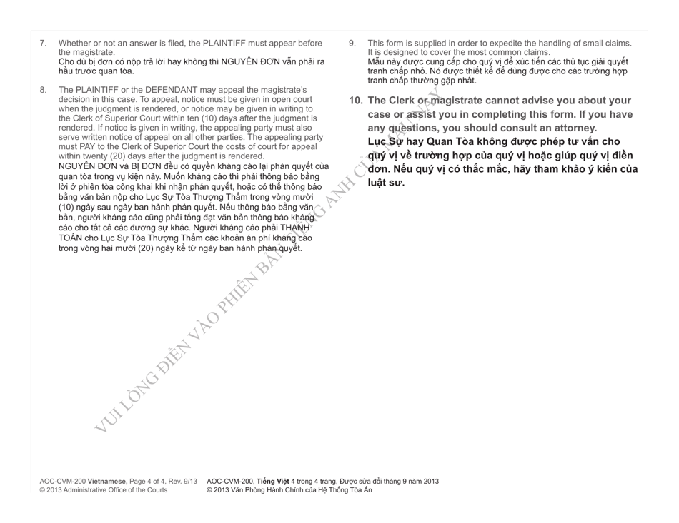 Form AOC-CVM-200 VIETNAMESE Complaint for Money Owned - North Carolina (English / Vietnamese), Page 4