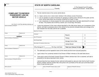 Document preview: Form AOC-CVM-203 Complaint to Enforce Possessory Lien on Motor Vehicle - North Carolina