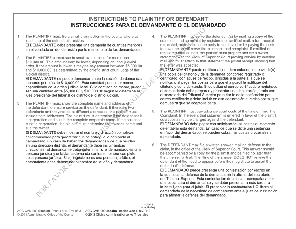 Form AOC-CVM-200 Complaint for Money Owed - North Carolina (English / Spanish), Page 3