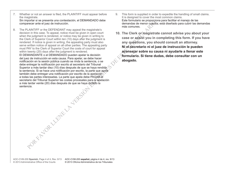 Form AOC-CVM-200 Complaint for Money Owed - North Carolina (English / Spanish), Page 4