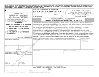 Document preview: Form AOC-CVM-202 Complaint to Recover Possession of Personal Property - North Carolina (English/Spanish)