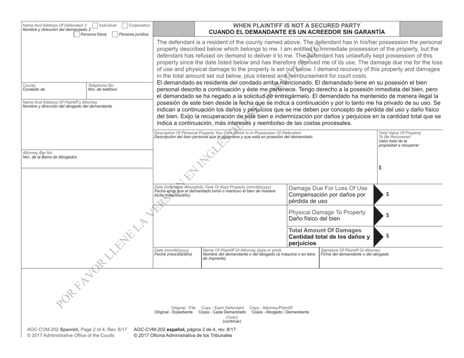 Form AOC-CVM-202 Complaint to Recover Possession of Personal Property - North Carolina (English / Spanish), Page 2
