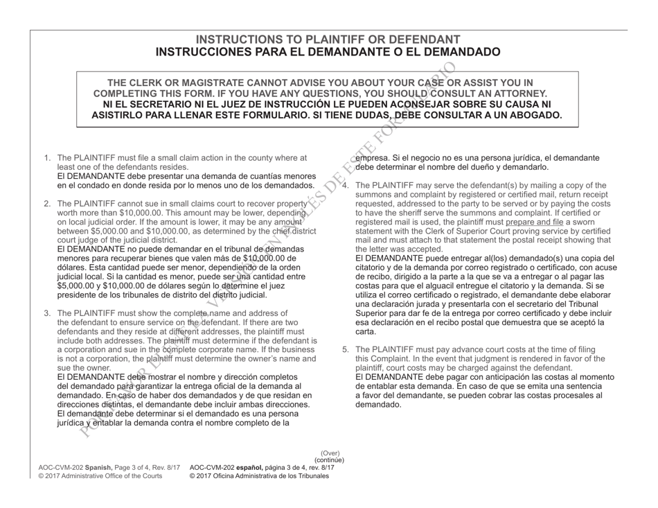 Form AOC-CVM-202 Complaint to Recover Possession of Personal Property - North Carolina (English / Spanish), Page 3