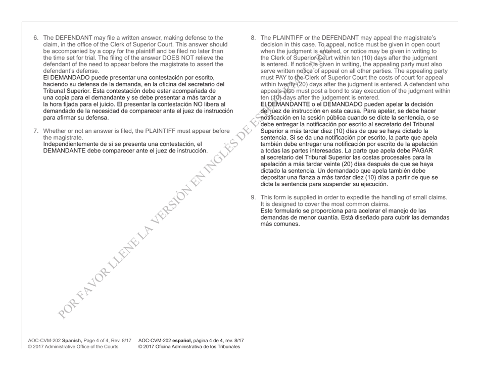 Form AOC-CVM-202 Complaint to Recover Possession of Personal Property - North Carolina (English / Spanish), Page 4