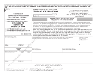 Document preview: Form AOC-CVM-202 Complaint to Recover Possession of Personal Property - North Carolina (English/Vietnamese)