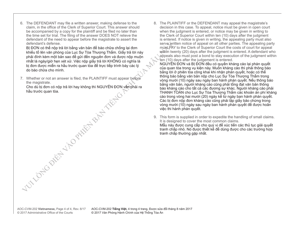 Form AOC-CVM-202 Complaint to Recover Possession of Personal Property - North Carolina (English / Vietnamese), Page 4