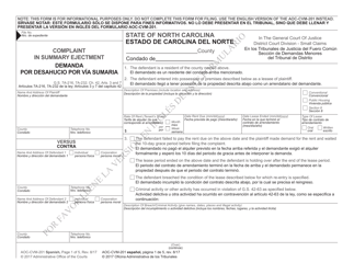 Form AOC-CVM-201 Complaint in Summary Ejectment - North Carolina (English/Spanish)