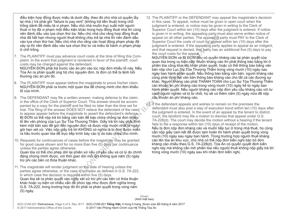 Form AOC-CVM-201 Complaint in Summary Ejectment - North Carolina (English / Vietnamese), Page 4