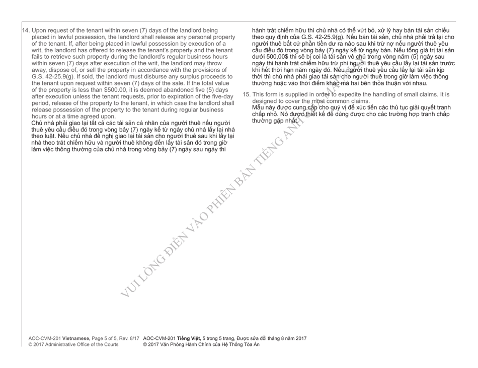 Form AOC-CVM-201 Complaint in Summary Ejectment - North Carolina (English / Vietnamese), Page 5