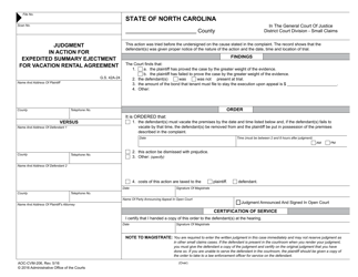 Form AOC-CVM-206 Judgment in Action for Expedited Summary Ejectment for Vacation Rental Agreement - North Carolina
