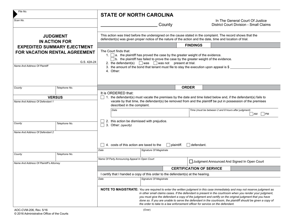 Form AOC-CVM-206 Judgment in Action for Expedited Summary Ejectment for Vacation Rental Agreement - North Carolina, Page 1