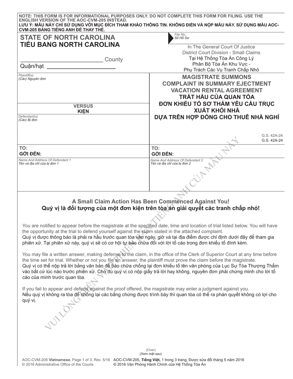 Form AOC-CVM-205 Magistrate Summons Complaint in Summary Ejectment Vacation Rental Agreement - North Carolina (English / Vietnamese), Page 1