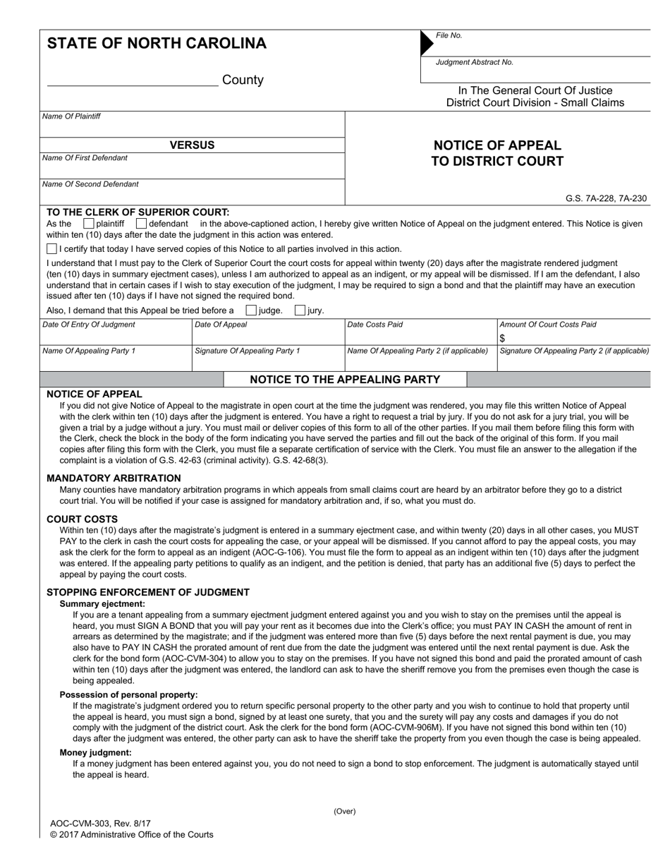 Form AOC-CVM-303 Notice of Appeal to District Court - North Carolina, Page 1