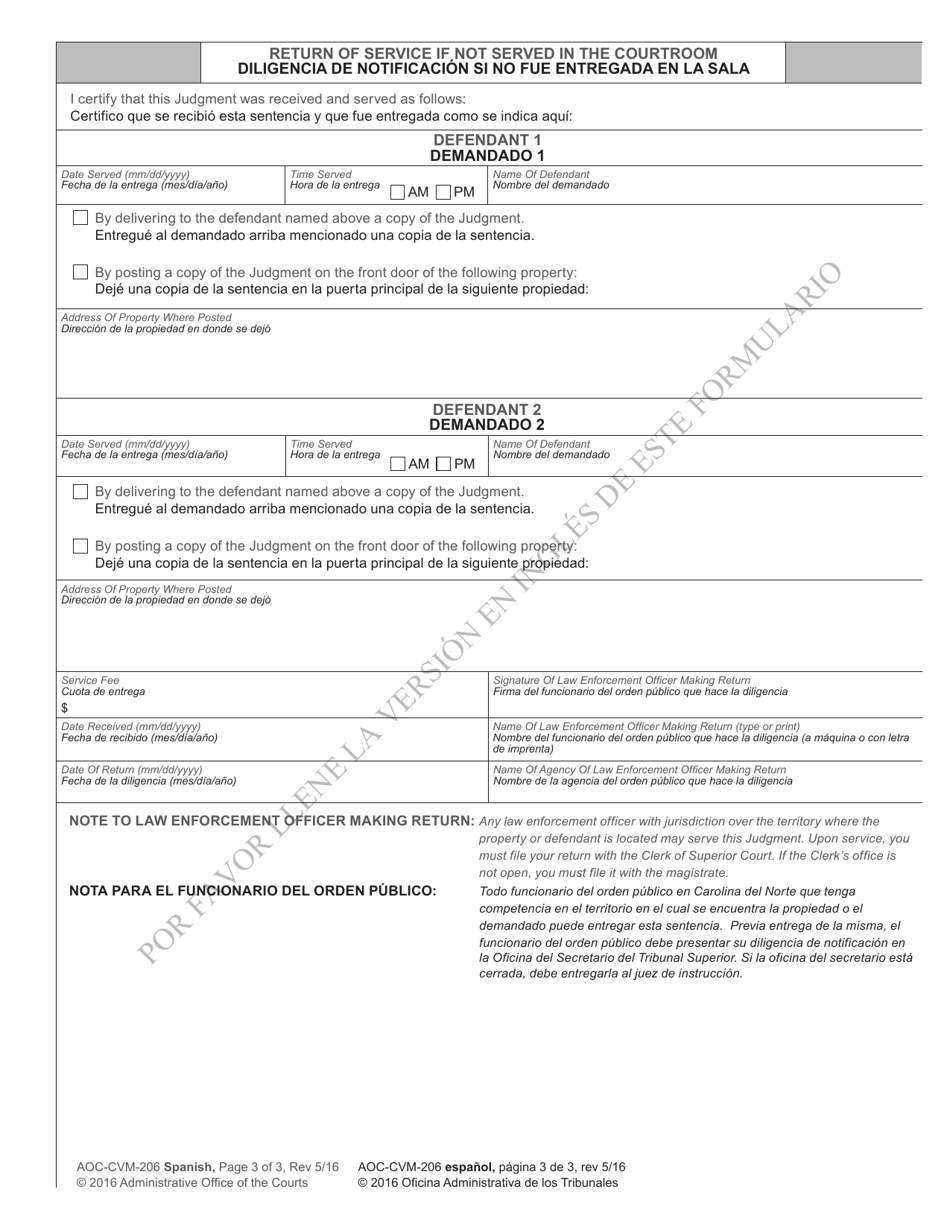 Form AOC-CVM-206 SPANISH Judgment in Action for Expedited Summary Ejectment for Vacation Rental Agreement - North Carolina (English / Spanish), Page 3