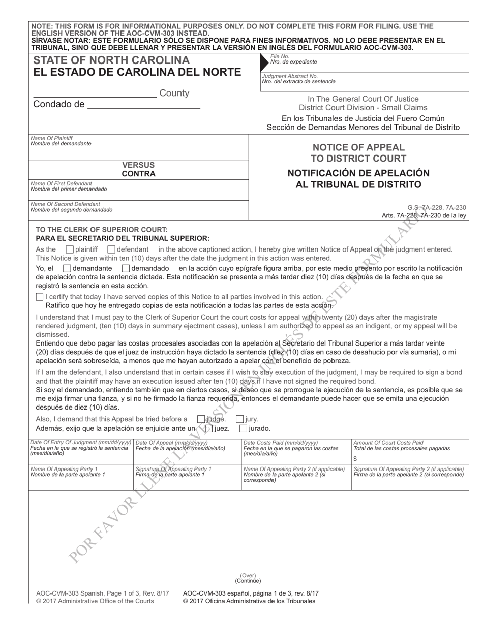 Form AOC-CVM-303 Notice of Appeal to District Court - North Carolina (English / Spanish), Page 1