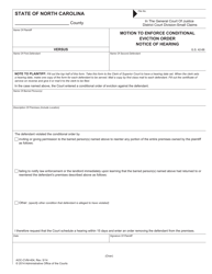 Document preview: Form AOC-CVM-404 Motion to Enforce Conditional Eviction Order Notice of Hearing - North Carolina