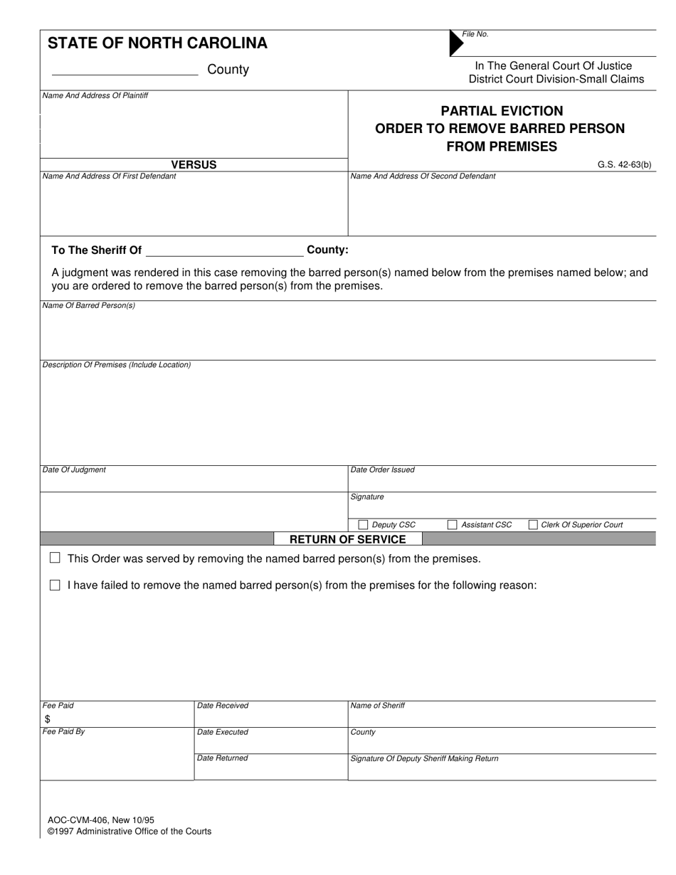 Form AOC-CVM-406 Partial Eviction Order to Remove Barred Person From Premises - North Carolina, Page 1