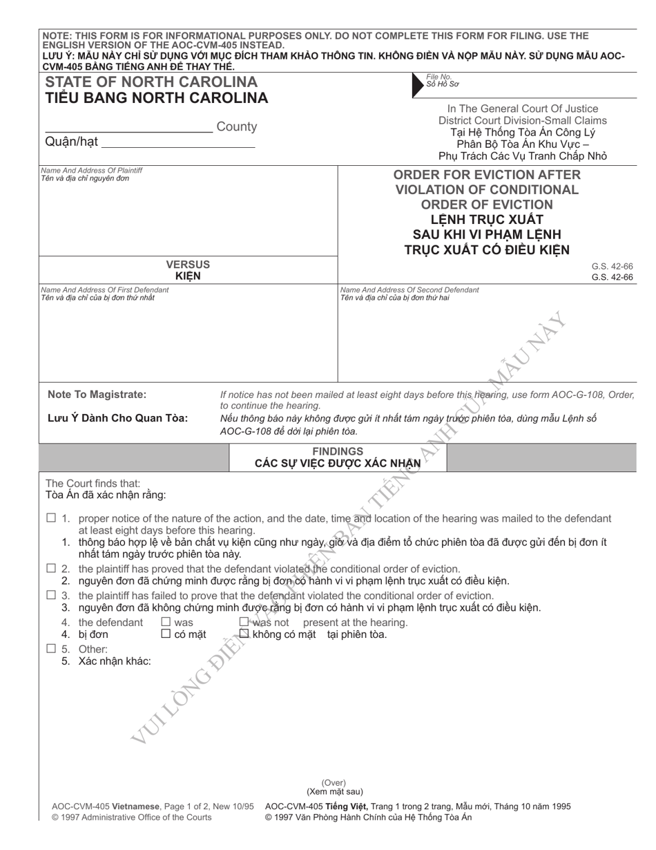 Form AOC-CVM-405 VIETNAMESE Order for Eviction After Violation of Conditional Order of Eviction - North Carolina (English / Vietnamese), Page 1