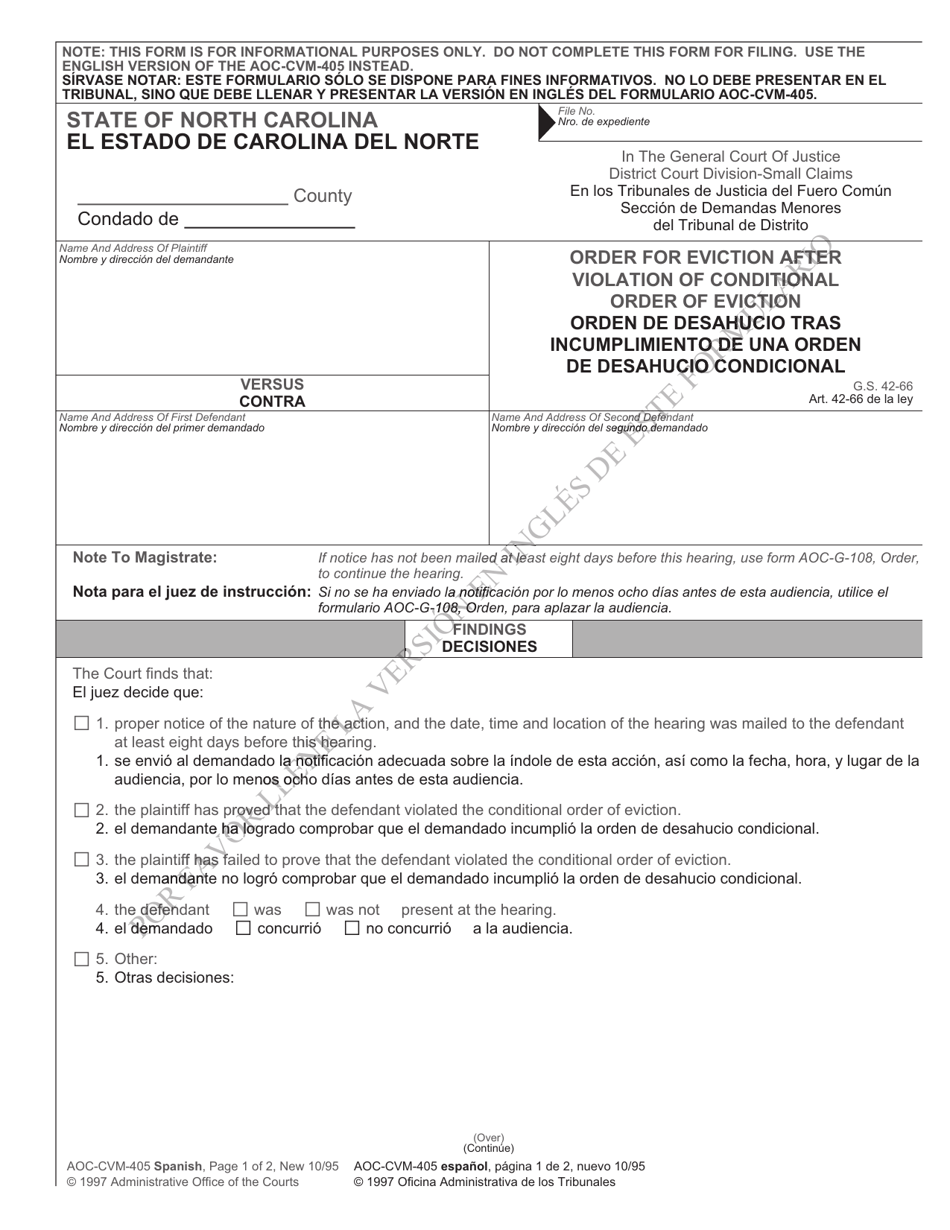 Form AOC-CVM-405 SPANISH Order for Eviction After Violation of Conditional Order of Eviction - North Carolina (English / Spanish), Page 1