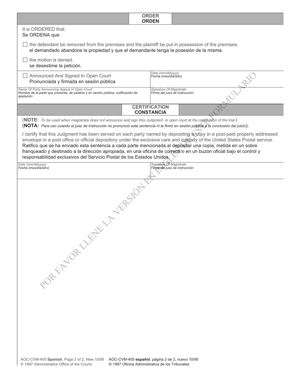 Form AOC-CVM-405 SPANISH Order for Eviction After Violation of Conditional Order of Eviction - North Carolina (English / Spanish), Page 2