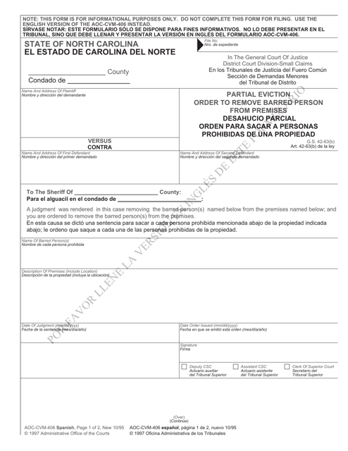 Form AOC-CVM-406 SPANISH Partial Eviction Order to Remove Barred Person From Premises - North Carolina (English/Spanish)