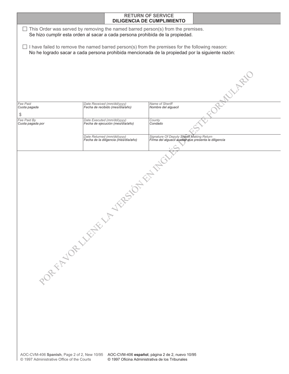 Form AOC-CVM-406 SPANISH Partial Eviction Order to Remove Barred Person From Premises - North Carolina (English / Spanish), Page 2