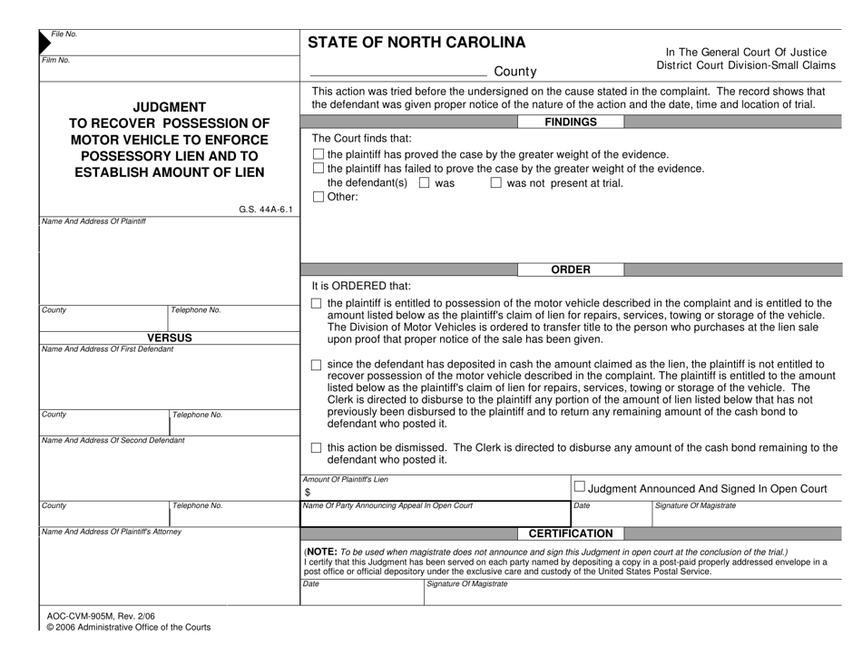 Form AOC-CVM-905M Judgment to Recover Possession of Motor Vehicle to Enforce Possessory Lien and to Establish Amount of Lien - North Carolina, Page 1