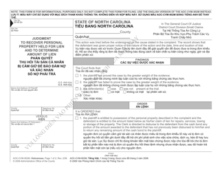 Document preview: Form AOC-CVM-902M VIETNAMESE Judgment to Recover Personal Property Held for Lien and to Determine Amount of Lien - North Carolina (English/Vietnamese)