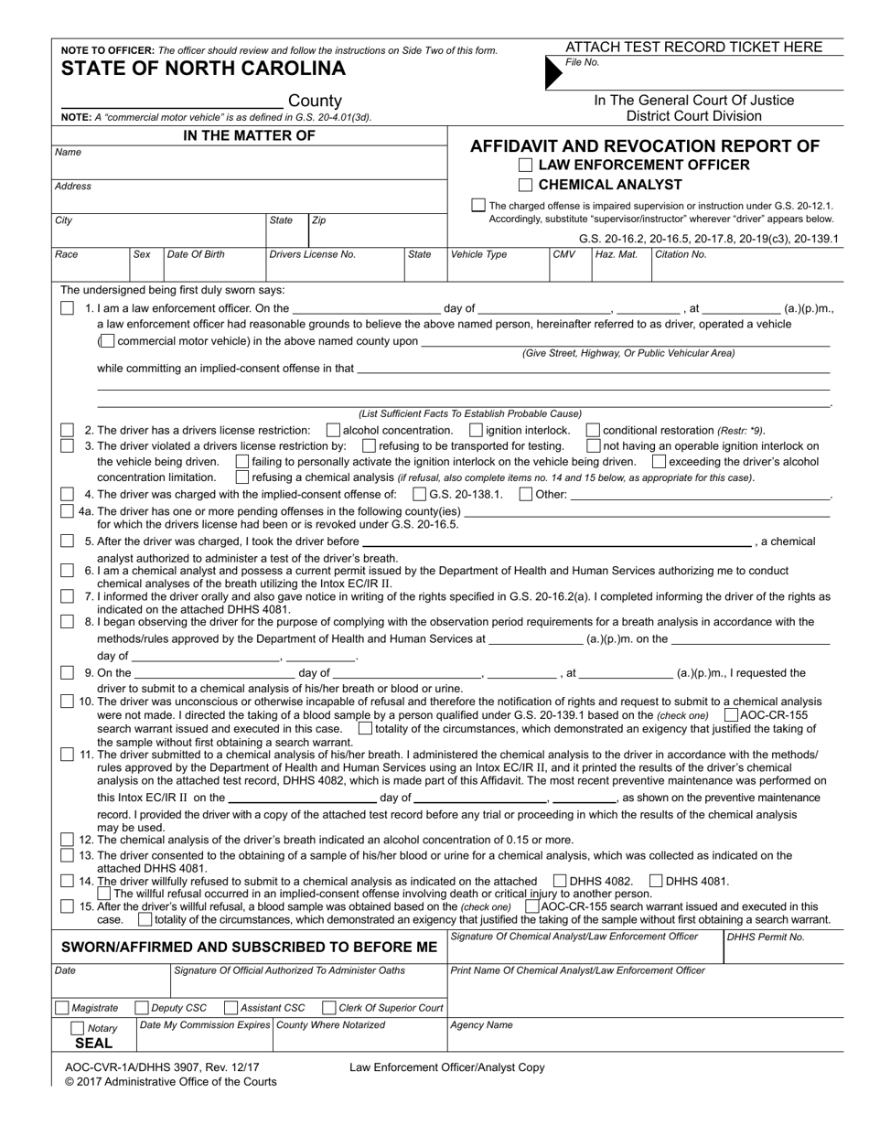 Form AOC-CVR-1A (DHHS3907) Affidavit and Revocation Report of Law Enforcement Officer / Chemical Analyst - North Carolina, Page 1