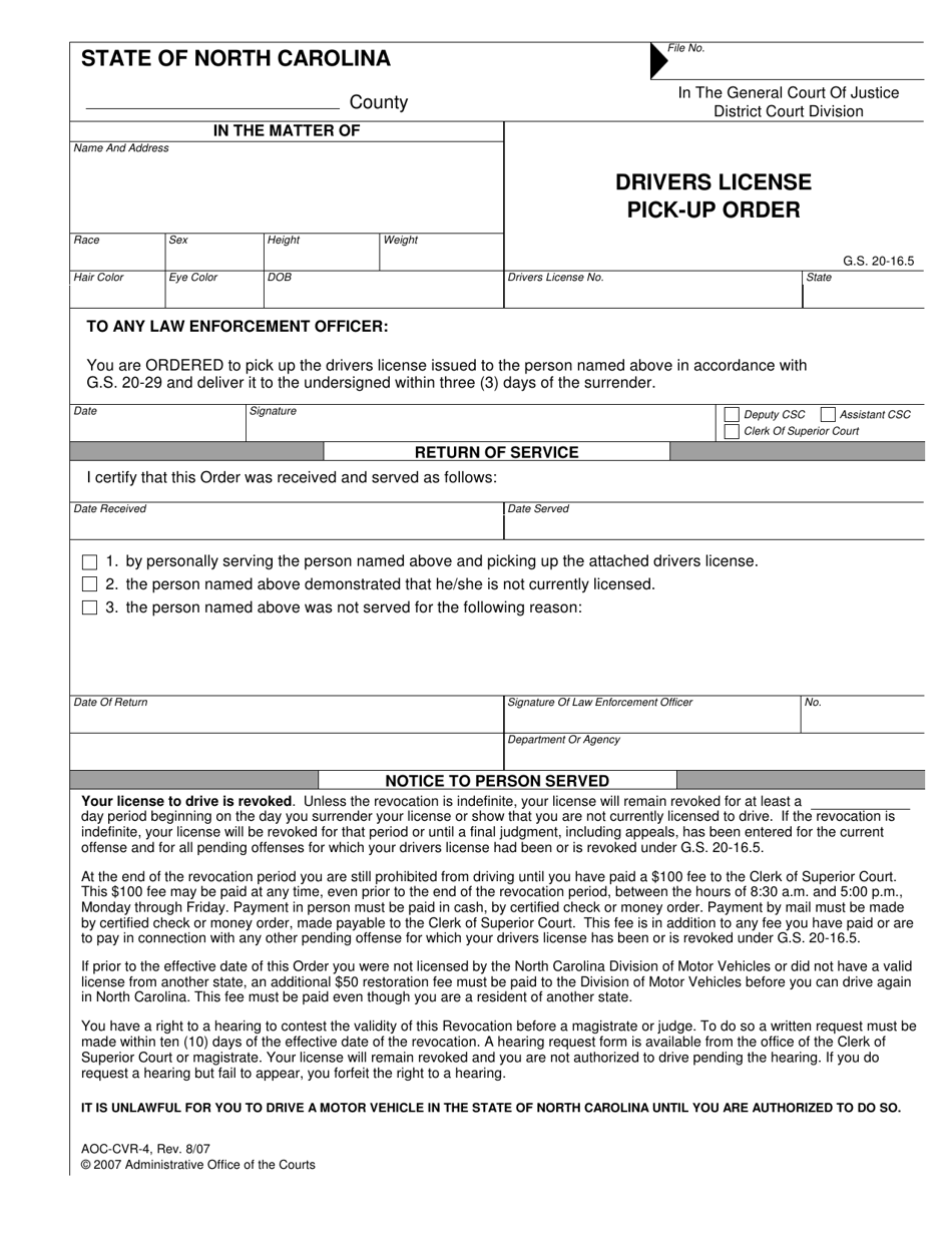 Form AOC-CVR-4 Drivers License Pick-Up Order - North Carolina, Page 1